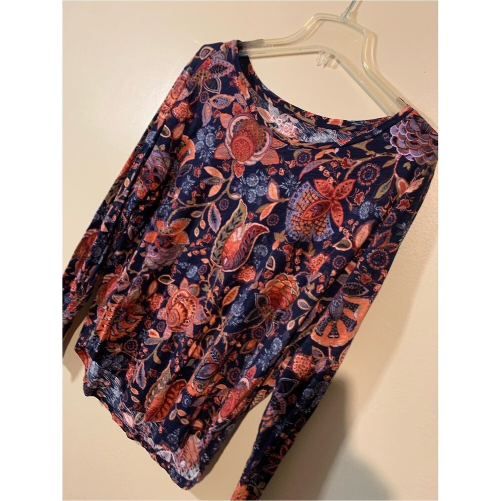 LOFT Navy Floral-Print Long Sleeve Tee with Coral Accents